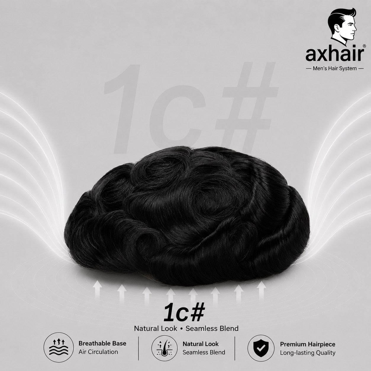 Full toupee with wavy dark hair, 1c, natural look, rounded top